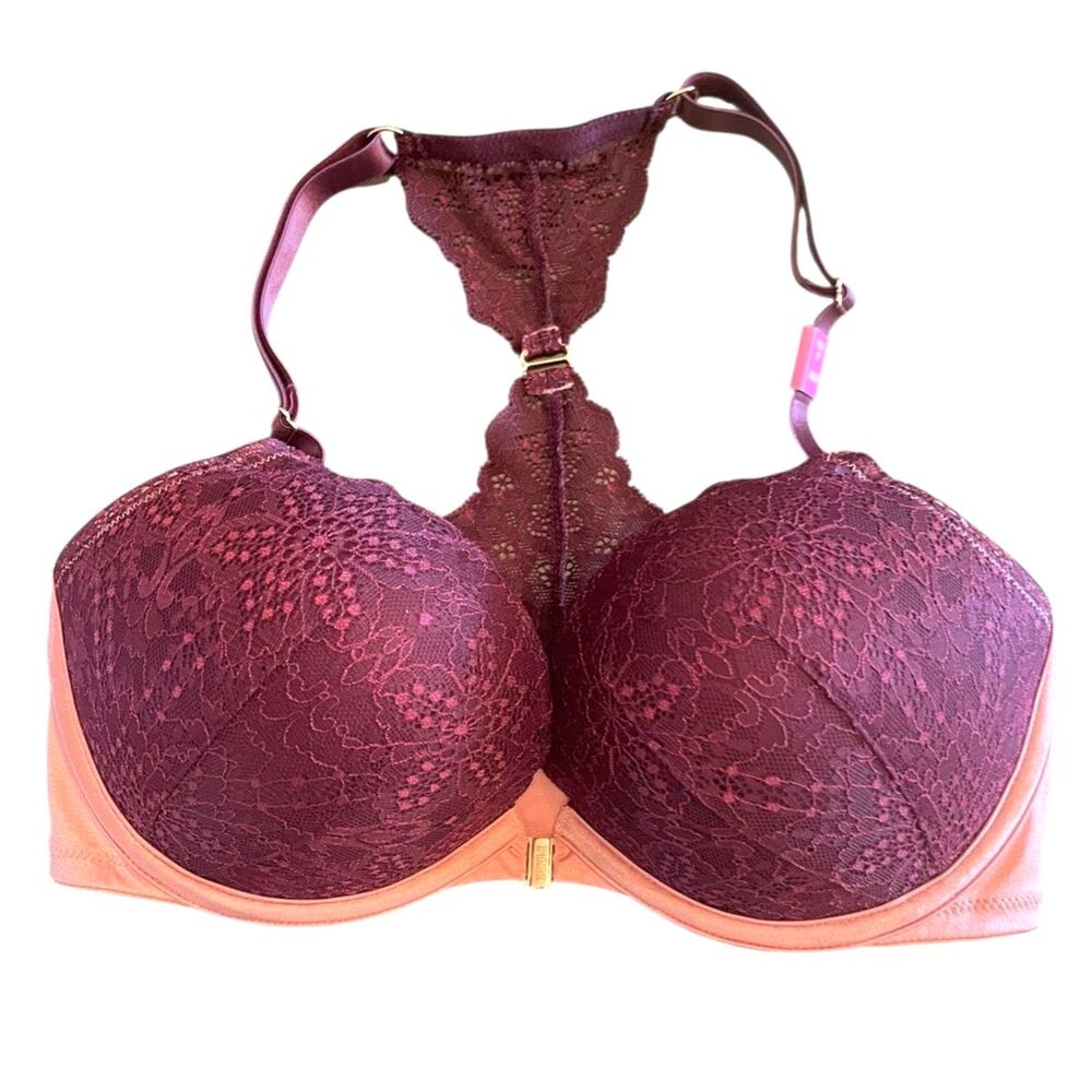 NWT PINK Womens 34DD E Push Up Bra Padded Underwire Purple Lace Pink Velvet